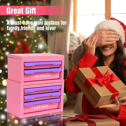 Metal Tool Box with Sliding Drawers, 5-Drawer Desktop Tool Box, Small Steel Tool Chest, Portable Benchtop Toolbox for Jewelry & Office DIY Pink-Purple