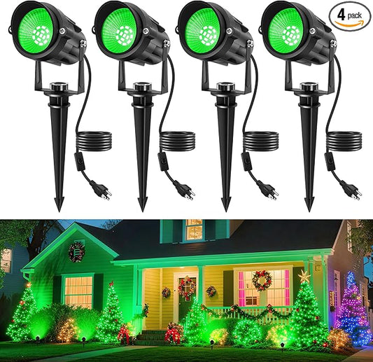 Green Landscape Lights Outdoor, 14 LED Landscape Lighting with US Plug, IP65 Waterproof Spotlights for Tree Yard Garden Pathway St. Patrick's Day Halloween Christmas Decor 4 Pack
