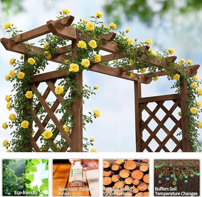 VINGLI Raised Garden Bed with Trellis & Hanging Roof, Wooden Elevated Planter Box with Drainage Holes for Outdoor Climbing Plants Vegetables Flowers, Patio Yard Balcony (Carbonized, Medium)