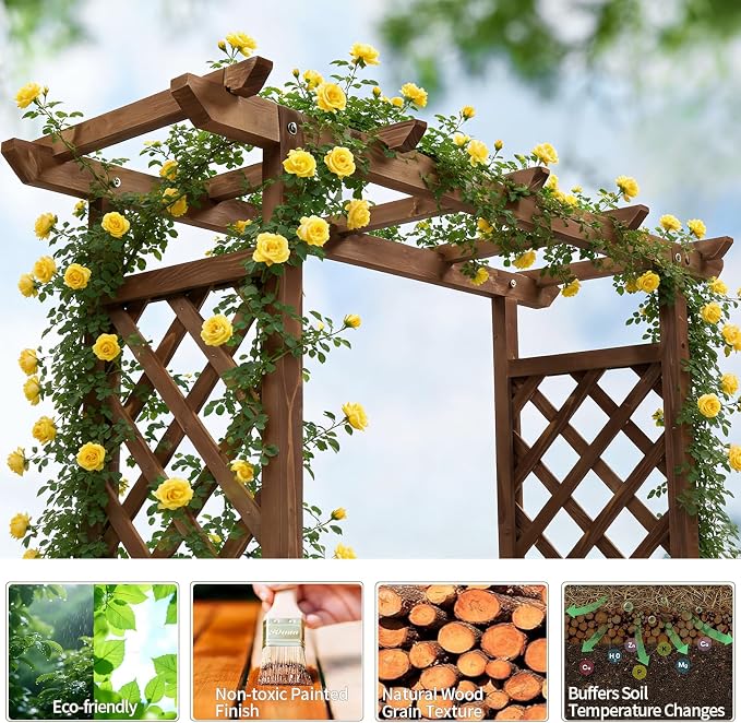 Outvita Raised Garden Bed with Trellis, Wood Planter Box with Hanging Roof, Side Trellis and Drainage Holes, Above Ground Elevated Garden Bed for Outdoor Climbing Plants Vegetables(Carbonized Color)