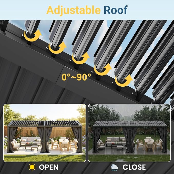 12' x 20' Louvered Pergola, Aluminum Frame Outdoor Pergola with Adjustable Louvered Roof, Curtains & Netting, Gutter System, Outdoor Hardtop Patio Gazebo for Patio, Deck, Garden, Yard, Dark Gray