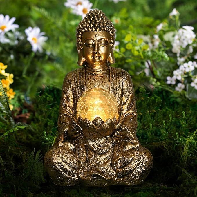 Nacome Meditating Buddha Statue with Solar Light,Zen Solar Garden Buddha with Cracked Glass Ball Sculpture-Indoor/Outdoor Decor for Balcony,Garden,Patio,Porch Yard Art Ornament,10.5 inch(Gold)