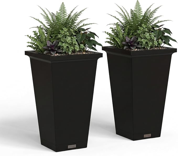 Mayne Renew 24 Inch Planter, Weather Resistant Outdoor Tall Planter with Smart Drainage Planting Insert and Drip Tray, Tapered Modern Flower Planter for Patio Garden or Entryway Decor, 2-Pack