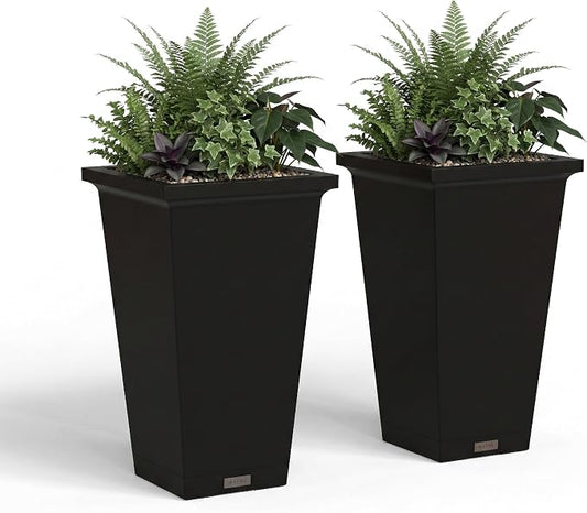 Mayne Renew 24 Inch Planter, Weather Resistant Outdoor Tall Planter with Smart Drainage Planting Insert and Drip Tray, Tapered Modern Flower Planter for Patio Garden or Entryway Decor, 2-Pack