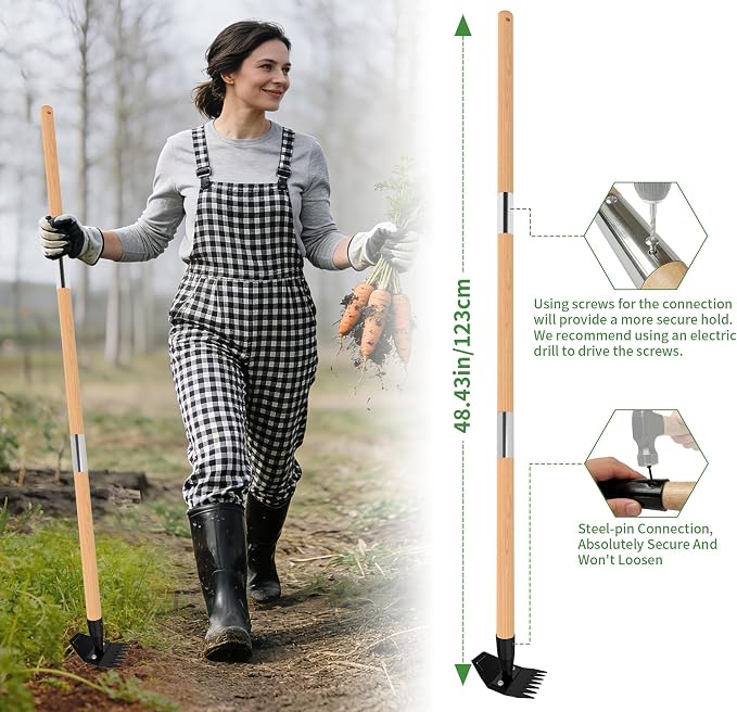Garden Hoe with Long Bamboo Handle, 2 in 1 Weed Puller Tool&Manual Weed Remover, Weed Rake&Grabber, Gardenia Heavy Duty Uprooting Tool for Yard, Lawn and Garden, 49Inch ﻿