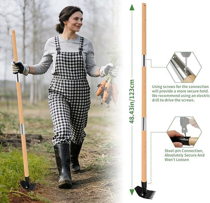 Garden Hoe with Long Bamboo Handle, 2 in 1 Weed Puller Tool&Manual Weed Remover, Weed Rake&Grabber, Gardenia Heavy Duty Uprooting Tool for Yard, Lawn and Garden, 49Inch ﻿
