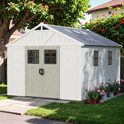 Greesum 10X12FT Plastic Outdoor Storage Shed with Floor and Lockable Door, Resin Sheds with 6-Windows and Multiple Skylights, HDPE Kick-it Shed for Garden, Patio, Backyard, Beige