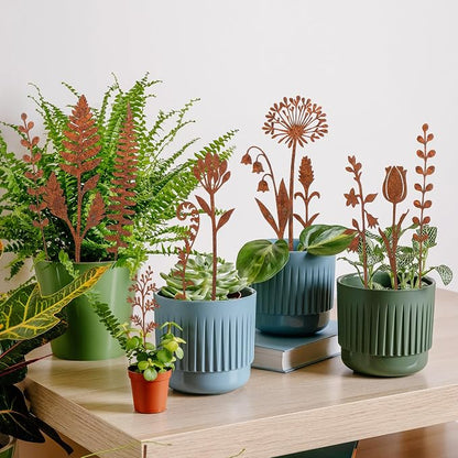 12 Pcs Rusty Metal Flowers and Plants, Rustic Metal Fern Leaf Garden Stakes, Rusty Plant Shaped Decoration for Flower Arrangement Potted Plants Outdoor Lawn Yard Courtyard Art