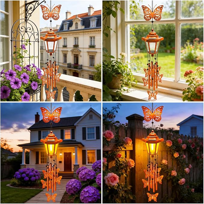 Butterfly Solar Wind Chimes for Outside, Birthday Gifts for Mom Women Grandma Mother's Day Memorial, 34-Inch Windchimes with Wind Spinner, Outdoor Hanging Solar Lights Waterproof Yard Garden Decor