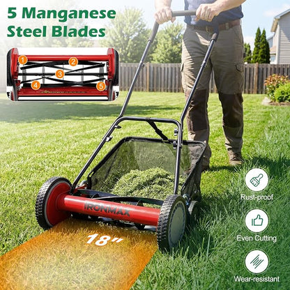 IRONMAX 18 Inch 5-Blade Push Reel Lawn Mower, 9-Level Adjustable Cutting Heights, Removable Grass Catcher, Lightweight No Motor Walk-Behind Manual Grass Cutter for Garden Yard Park (Red, 18 Inch)