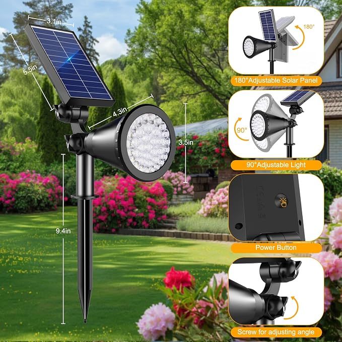 Solar Lights Outdoor Waterproof, 36 LEDs Adjustable Solar Spot Lights Outdoor, 2-in-1 Solar Powered Spotlight Landscape Lighting for Tree, Garden, Yard, Pathway- 3 Pack (Warm White)