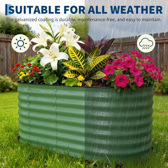 Garvee 2 Pack 4x2x2ft Galvanized Raised Garden Bed Kit, Oval Metal Planter Boxes with Anti-Cut Safety Edges, Rust-Resistant Deep Root Planters for Outdoor Vegetables, Flowers, Herbs, Green