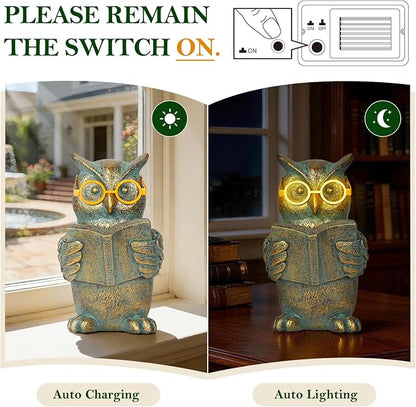 Reading Owl Statue with Solar Glasses Bronze Resin Garden Decoration Outdoor Figurine Light for Patio, Yard, Lawn, Housewarming Home Decor Gift for Women
