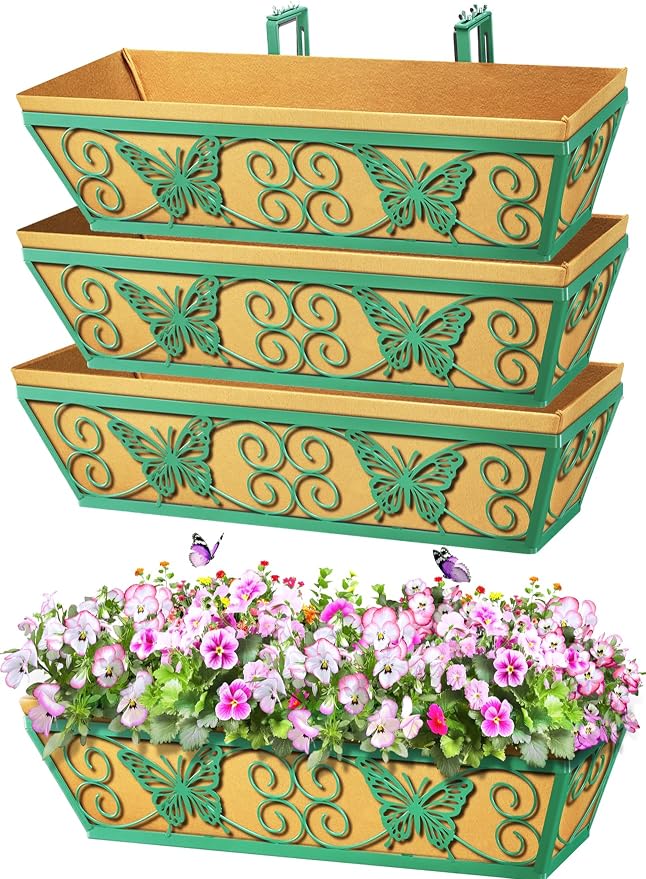 4 Pack 24 Inch Window Boxes Planters Railing Planter Box with Adjustable Brackets for Porch Fence Patio Balcony Hanging Flower Baskets with Woven Fabric for Outdoor Garden Decor - Green