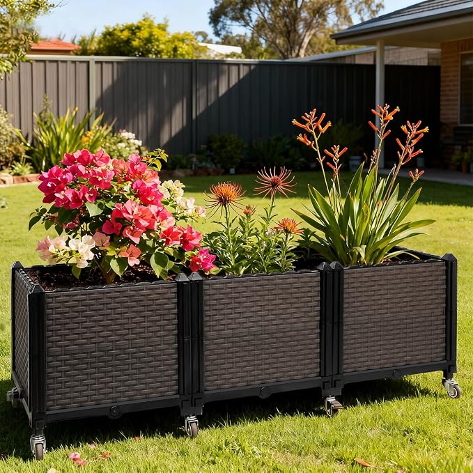 Raised Plant Box with Wheels 47.2"x15.7"x16.1", Raised Beds for Gardening Self Watering, Durable Metal Lockable Casters, Rectangular Garden Planter Perfect for Garden Patio Balcony Deck