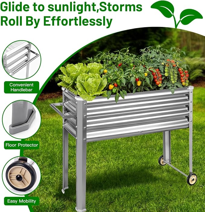 Land Guard 2 Pack Galvanized Raised Garden Bed with Legs & Wheels, 48×18×32in Metal Elevated Raised Planter Box for Backyard, Patio, Balcony, 500lb Capacity, Silver