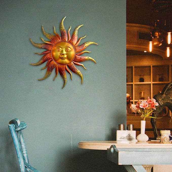 Metal Sun Wall Art Decor-17.3 inches Rustic Retro Metal Sun Ornaments, Hanging Decoration for Garden Patio Yard Fence Living Room(Gold)