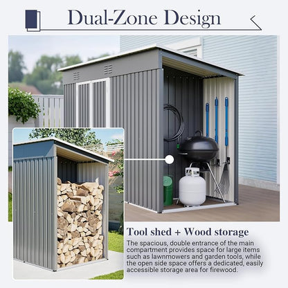 YOPTO 10x4 FT Outdoor Storage Shed, Metal Sheds with Floor Base & Open Firewood Storage,Steel Garden Shed with Lockable Doors,Sloped Roof,Windows, 2 in 1 Large Tool Shed for Patio, Backyard, Lawn.Gray