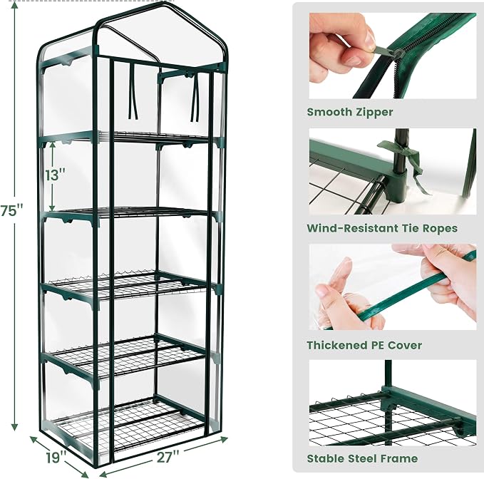 Worth Garden 5 Tier Mini Greenhouse - 75'' H x 27'' L x 19'' W - Sturdy Portable Gardening Shelves with Transparent PVC Cover - Small Porch Green House for Growing Plants Flowers Indoor & Outdoor