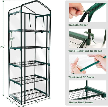 Worth Garden 5 Tier Mini Greenhouse - 75'' H x 27'' L x 19'' W - Sturdy Portable Gardening Shelves with Transparent PVC Cover - Small Porch Green House for Growing Plants Flowers Indoor & Outdoor