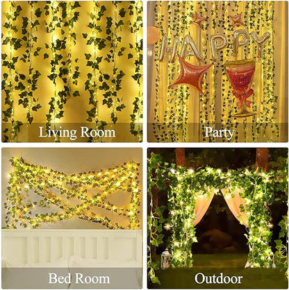 DEKEones 12 Packs Artificial Ivy, 84FT Garland Hanging Plants Fake Vines with 200 LED String Light for Bedroom Wedding Party Garden Wall Room Home Decor