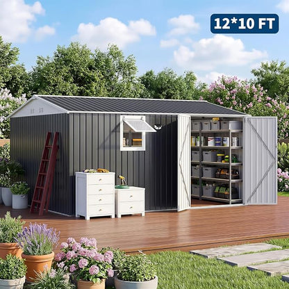 Garvee 10 x 12 FT Heavy-Duty Metal Outdoor Storage Shed with Motion Sensor Solar Light and Window,Pegboard Tool Organizer, Lockable Doors and 4 Air Vents, Garden Shed for Patio, Garage, Backyard