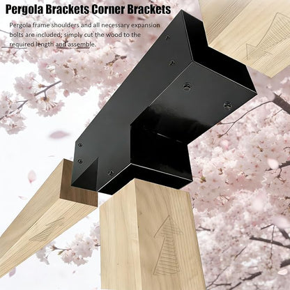 2PC T-Shaped 3-Way Pergola Bracket Kit, Pergola Kits to Build Yourself | 4x4 Corner Brackets for Wood for Wood Beams, Corner Brackets for Do It Yourself Pergola Kits Outdoor Gazebo Patio Log Cabin