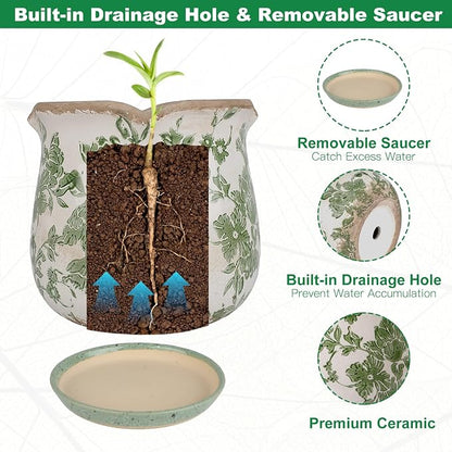 Ceramic-Planters-for-Indoor-Plants with Saucer, 6 inch Vintage Ice Crack Glaze Plant Pots with Drainage Holes, Decorative Flower Pots for Outdoor Garden Home Decor, Tuscan Pot for Plant