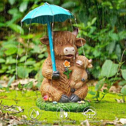 Joint Honglin Solar Highland Cow Garden Statue with Raindrop String Lights, Flashing Umbrella Fairy Lights Outdoor Resin Figurine, Yard Lawn Ornament, Unique Birthday for Mom Grandma