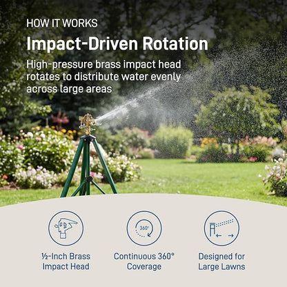 Orbit 1/2 Inch Brass Impact Sprinkler - Adjustable Metal Tripod - Long Range Lawn Watering System - 360 Degree Rotating Sprinkler - Heavy Duty Irrigation System - Adjustable 22-48 Inch Height - 58308