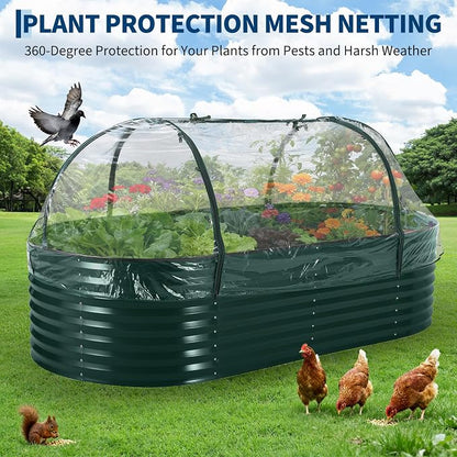 Garvee Galvanized Raised Garden Bed Large Oval Kit with Cover Zippered Screen Doors, Open Base Design, Thick Steel, Easy Assembly, Planter Box for Vegetables, Flowers (Dark Green, 8x4x2 ft)