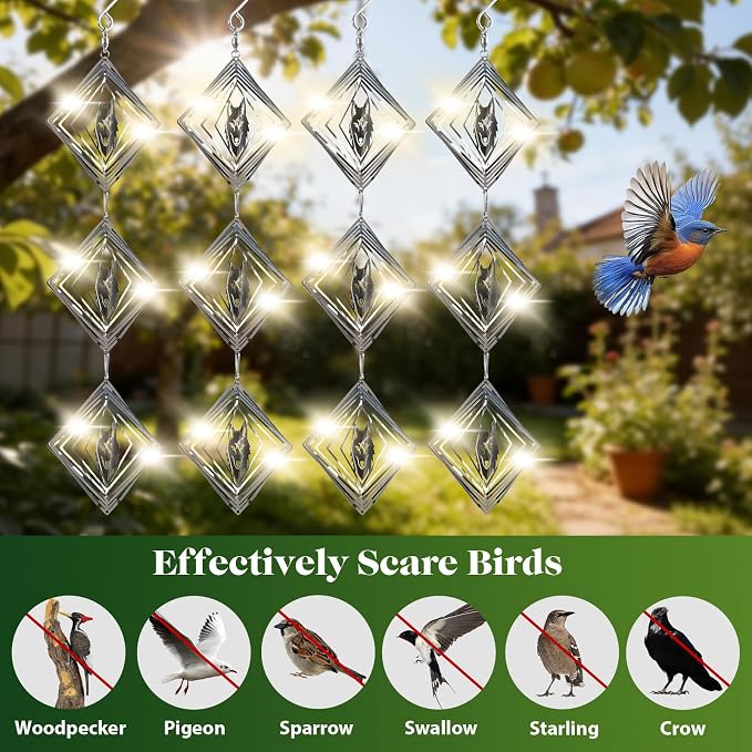 CHONOVO Bird Deterrents for Outside, 12 Discs 4 Set Reflective Wolf Wind Spinners, 3D Bird Scare Devices to Keep Woodpecker Pigeon Away, Outdoor Hanging Bird Reflectors for Patio, Roof, Garden, Yard