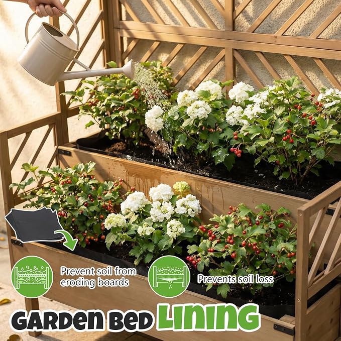 Raised Garden Bed with Trellis & 2 Planter Boxes, Elevated Planter Box with Drainage Slits Liner & Top Shelf, for Climbing Plants, Flowers, Vegetables, Herbs, Backyard Balcony Patio