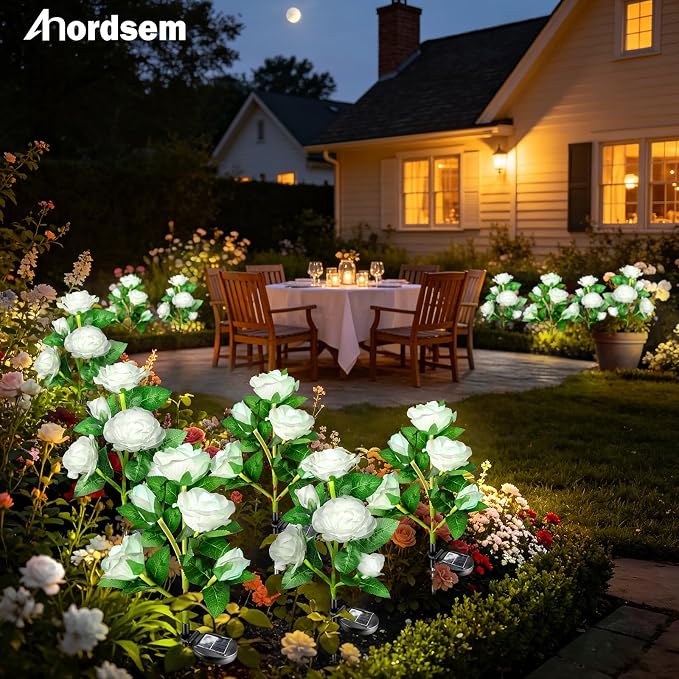 Anordsem Solar Garden Lights Outdoor: 10 Waterproof Fabric Roses 2 Pack - White LED Flower Decorations for Yard Patio Path Cemetery Grave - Mother 's Day Gift for Her Women Mom Wife