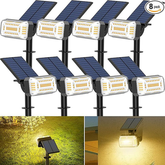 WENATY 102 LED Solar Spot Lights Outdoor Waterproof IP65, Adjustable Landscape Spotlights, [8 Pack/4 Modes] Auto On/Off Solar Powered Flood Lights for Outside Yard Garden Wall Pathway (Warm White)