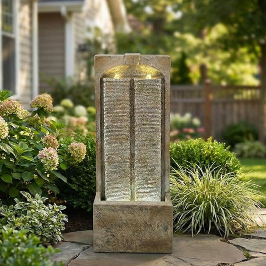 39" Outdoor Water Fountain with Pump, Outdoor Fountain with Warm White LED Lights, Modern Outdoor Cascading Freestanding Fountain, Weather-Resistant Garden Water Feature, Brown
