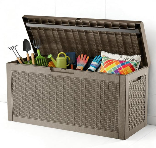 Zapdos Outdoor Storage Box, 60 Gallon Deck Box Indoor and Outdoor Use, Waterproof Resin Rattan Storage Bin for Package Storage Gardening Tools Patio Cushions, Lockable, Fade Resistant, Brown