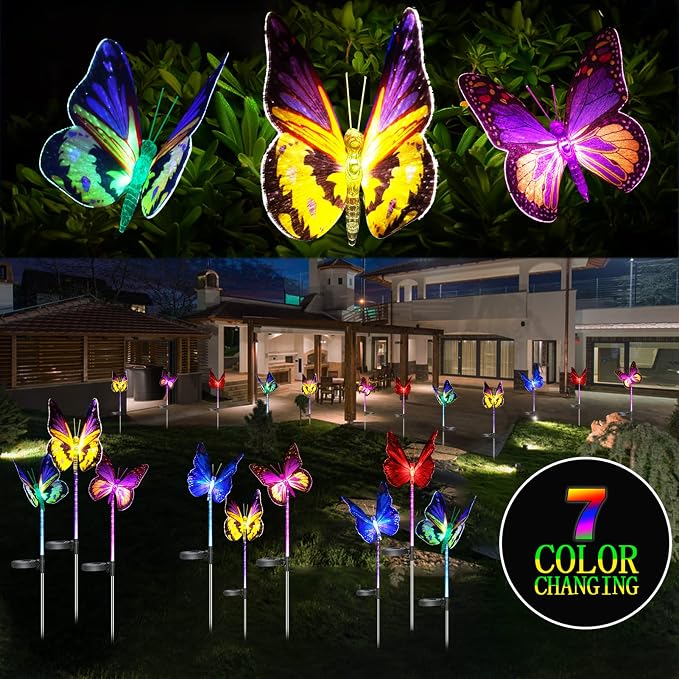 Upgraded Outdoor Solar Garden Lights - 3 Pack Solar Butterfly Decoration Lights - 7 Color Changing LED Waterproof Solar Stake Lights for Garden, Patio, Yard, Lawn, Walkway Decoration