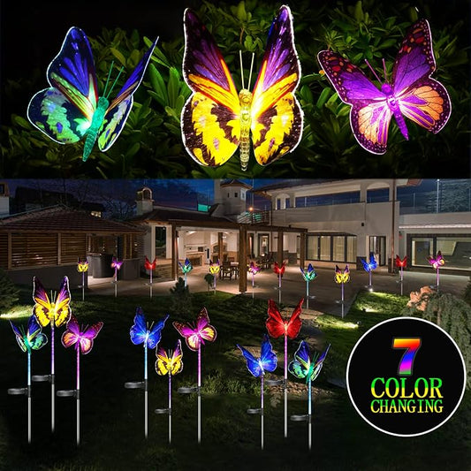 Upgraded Outdoor Solar Garden Lights - 3 Pack Solar Butterfly Decoration Lights - 7 Color Changing LED Waterproof Solar Stake Lights for Garden, Patio, Yard, Lawn, Walkway Decoration