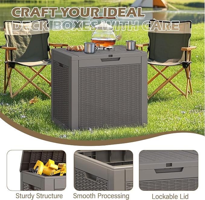 Outdoor Storage Box, 30 Gallon Deck Box with Lockable Lid, Waterproof Resin Storage Bin for Patio Furniture, Garden Tools, Cushions, Grey