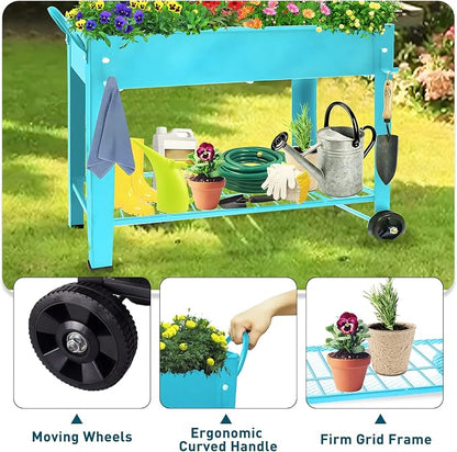 Raised Planter Box Beds with Wheels Legs, Elevated Garden Bed for Indoor Outdoor, Large Metal Mobile Planter Box with Bottom Shelf for Storing Tools for Vegetables Flower Herb Patio(Blue)