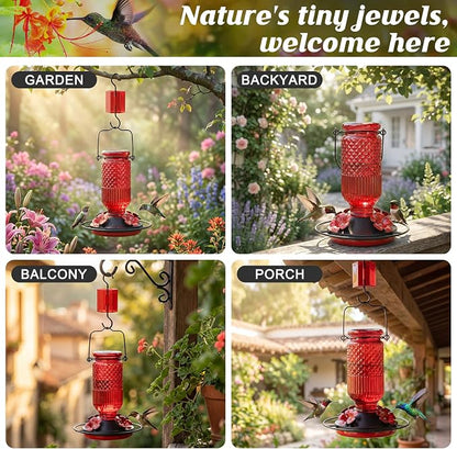 FEED GARDEN Glass Hummingbird Feeder for Outdoors Hanging, 16 oz Leak-Proof Nectar Feeder with Bee Guards & Ant Moat, 4 Metal Flower Feeding Ports, 360° Perch Ring, Easy Refill & Clean, Red