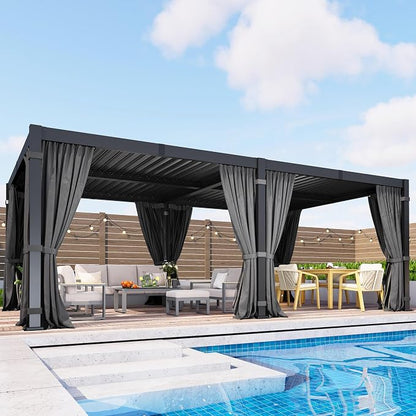 12' x 20' Louvered Pergola, Aluminum Frame Outdoor Pergola with Adjustable Louvered Roof, Curtains & Netting, Gutter System, Outdoor Hardtop Patio Gazebo for Patio, Deck, Garden, Yard, Dark Gray