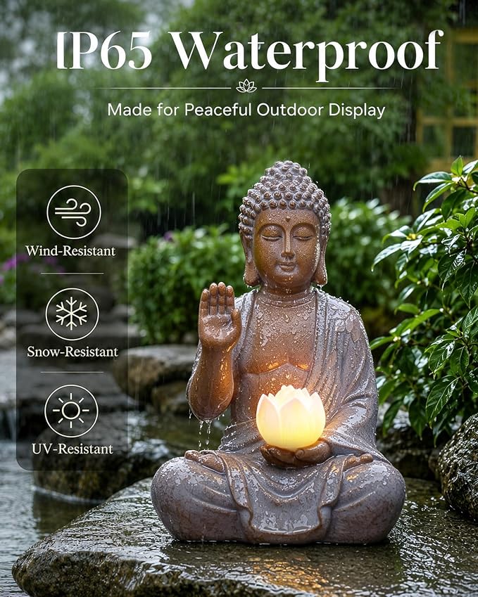 Nacome Solar Buddha Garden Statue Decor: Sitting Resin Figurine with Lotus Flower Light Zen Sculpture for Patio Lawn Yard Porch Balcony Meditation Space - 10.6 inches(White)