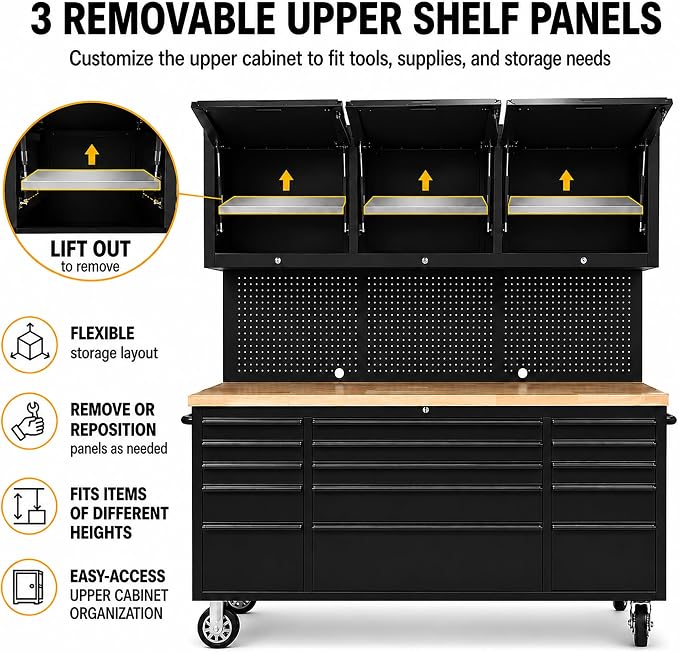 CHETTO C 72 inch Tool Chest Tool Box Mobile 15 Drawers Storage 3 Upper Cabinets SS-Pegboard Rolling Cabinet with Wheels Lock Key Locking System Drawer Liners for Garage Warehouse Repair Shop Black