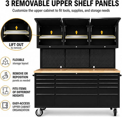 CHETTO C 72 inch Tool Chest Tool Box Mobile 15 Drawers Storage 3 Upper Cabinets SS-Pegboard Rolling Cabinet with Wheels Lock Key Locking System Drawer Liners for Garage Warehouse Repair Shop Black