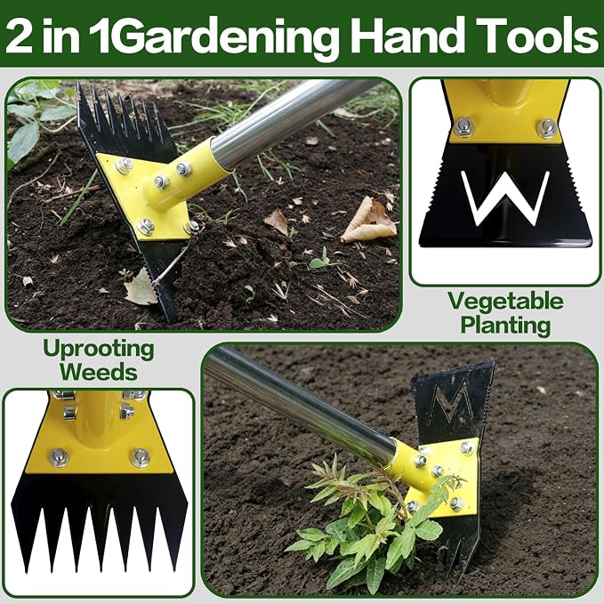 2-in-1 Garden Hoe and Weed Puller Rake, 60 Inch Adjustable Long Handle Weeding Tool Heavy Duty Spring Steel Head, Dual Side Hand Weed Rake, Weed Remover for Garden, Yard, Lawn, Driveway.