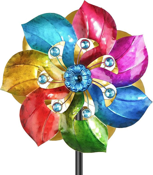 Double Sided Wind Spinner Outdoor Metal Wind Sculpture with Adjustable Height Pole & 5 Prong Base, Rainbow Floral Kinetic Wind Art Decor for Yard Garden Lawn Patio Outside Decoration