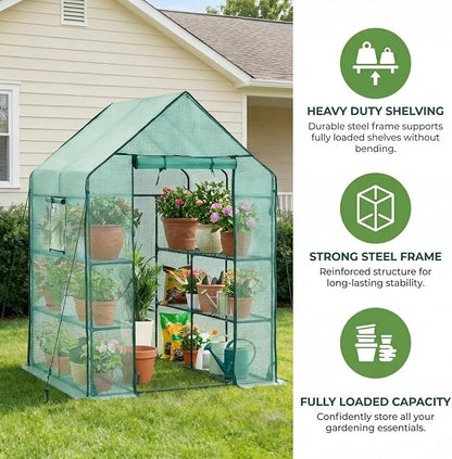 Walk-in Greenhouse with 12 Shelves, 74 x 37 x 49 inch Portable Greenhouse Kit with PVC Cover, Indoor Outdoor Green House for Seed Starting, Plants, Patio, Backyard, Clear Panels, Green