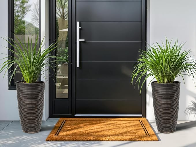 2-Pack 23.5" Bronze Plastic Tapered Planters with Vertical Stripes | Set of 2 PP tall planters with bronze vertical stripe texture, drainage plugs, and UV-treated finish for porch or patio